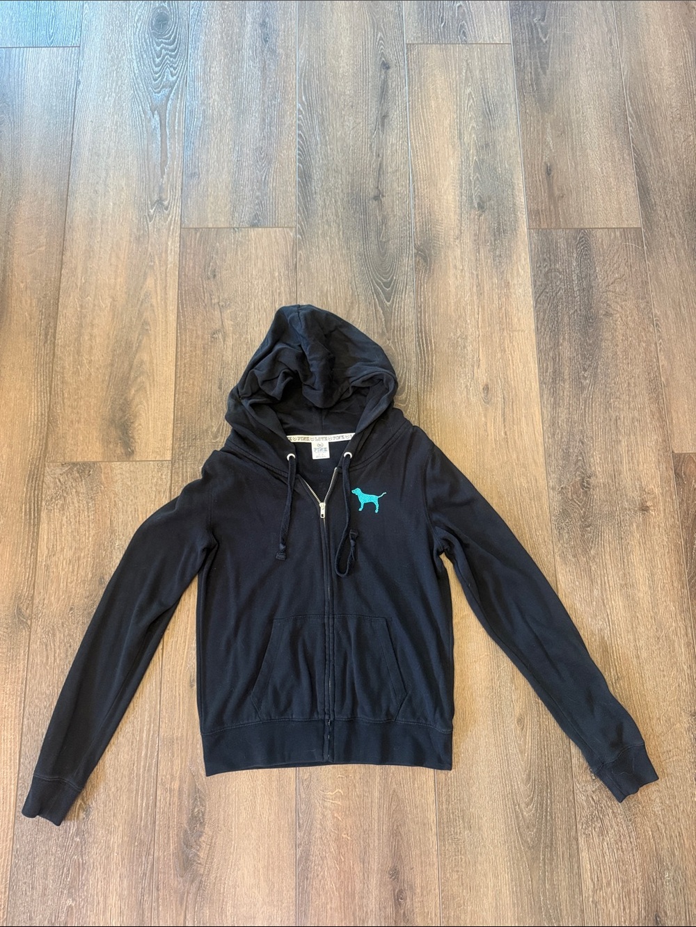Victoria's Secret Black Zip-Up Hoodie with Teal Dog Logo